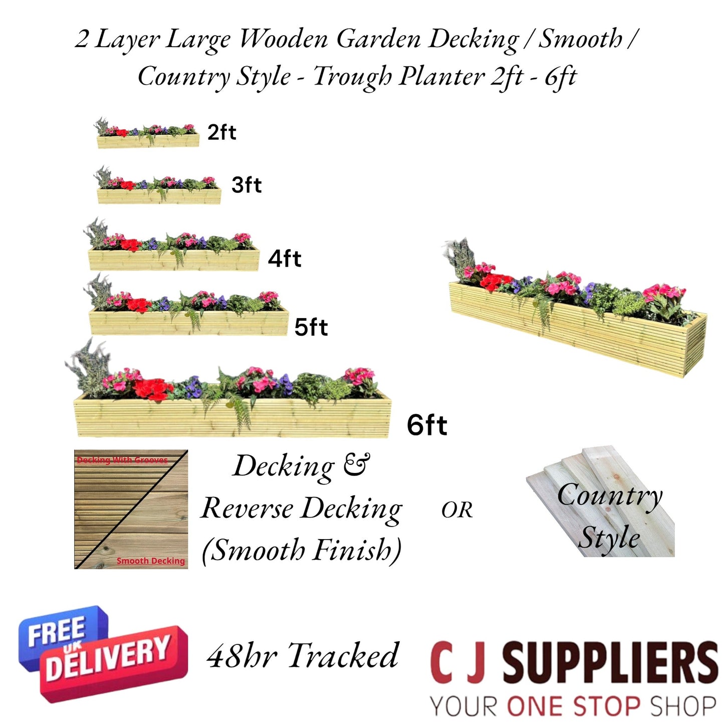 2 Layer Large Wooden Garden Planter - Decking / Smooth / Country Style  2ft - 6ft
