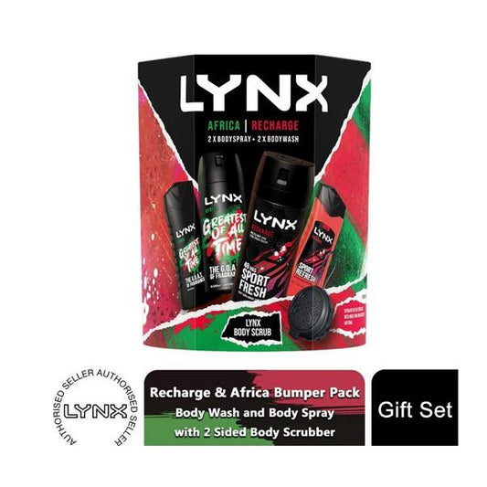 Lynx Recharge & Africa Body Wash, Body Spray 4Pcs Gift Set for Him with Scrubber RRP (£18.00)