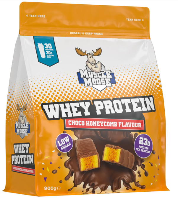 Muscle Moose Whey Protein 900g Choco Honeycomb Flavor.