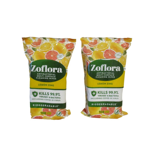 Zoflora Antibacterial Multi Surface Cleaning - Lemon Zing - 108 Wipes x 2pk