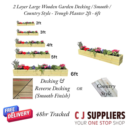 2 Layer Large Wooden Garden Planter - Decking / Smooth / Country Style  2ft - 6ft