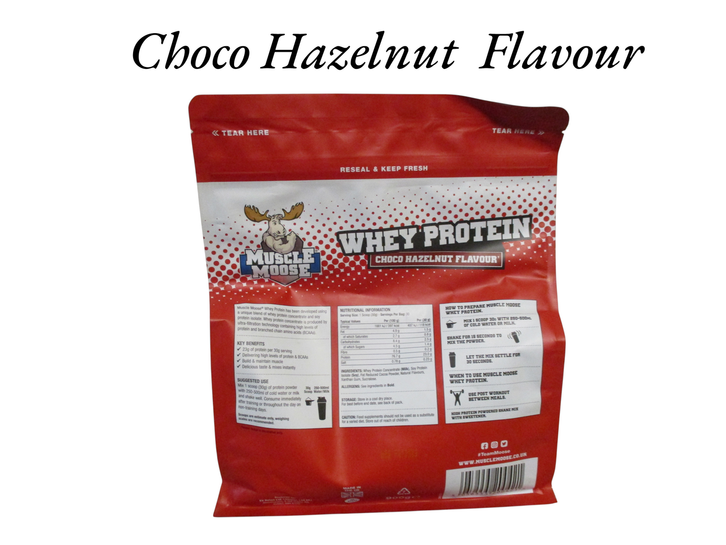 Muscle Moose Whey Protein 900g Choco Hazelnut Flavour.