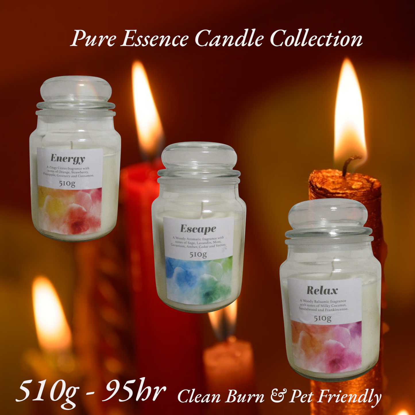 Pure Essence Candle Collection – 510g Clean-Burning Luxury