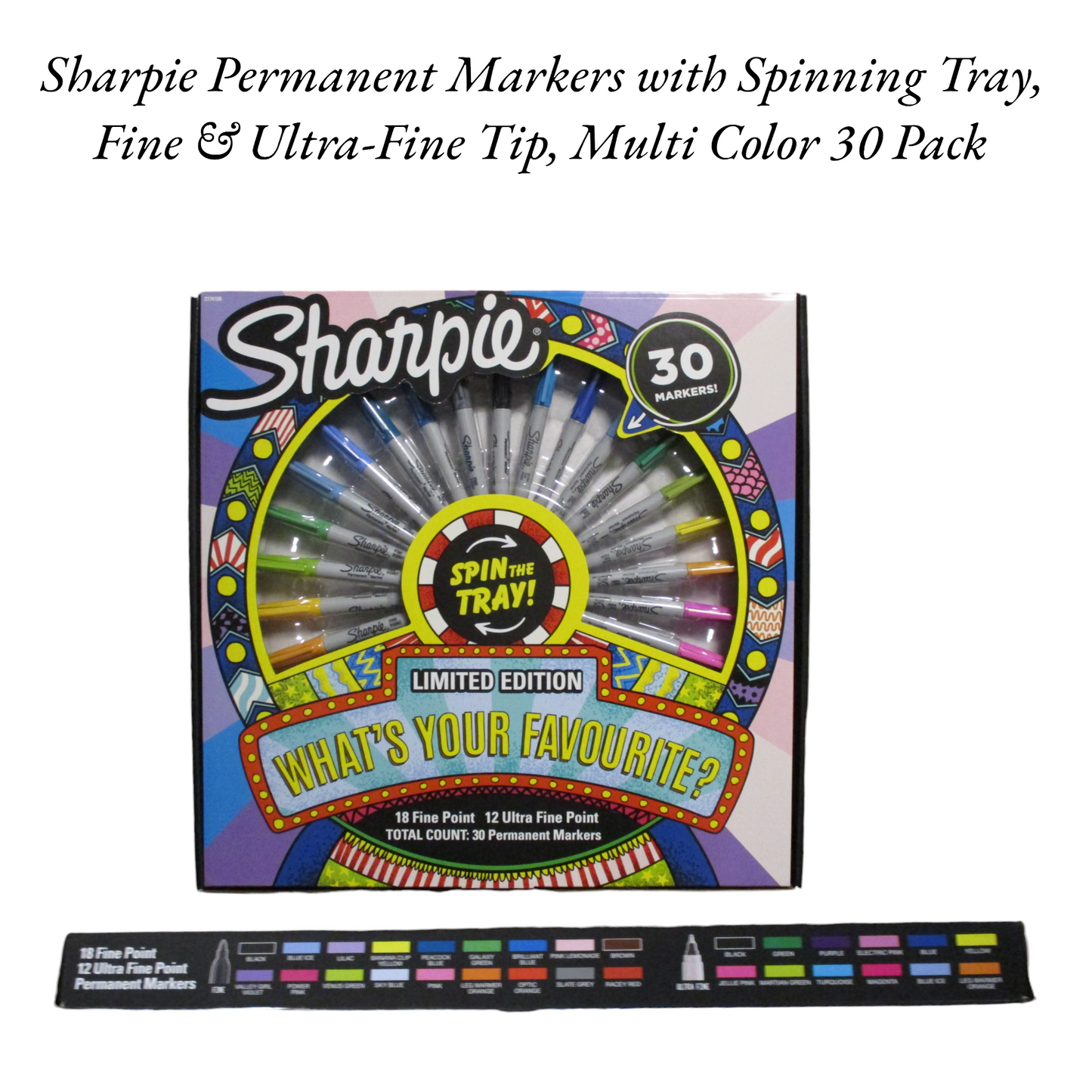Sharpie Permanent Markers with Spinning Tray, Fine & Ultra-Fine Tip, Multi Color 30 Pack