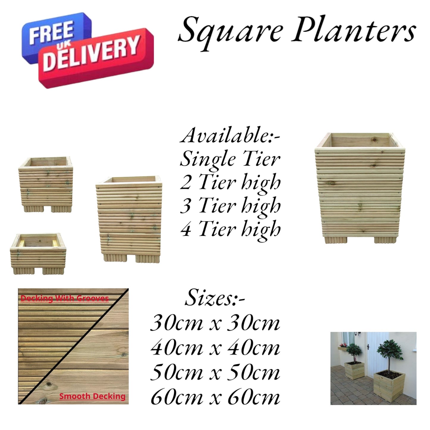 Square Wooden Planters - Decking  / Smooth or Country Style