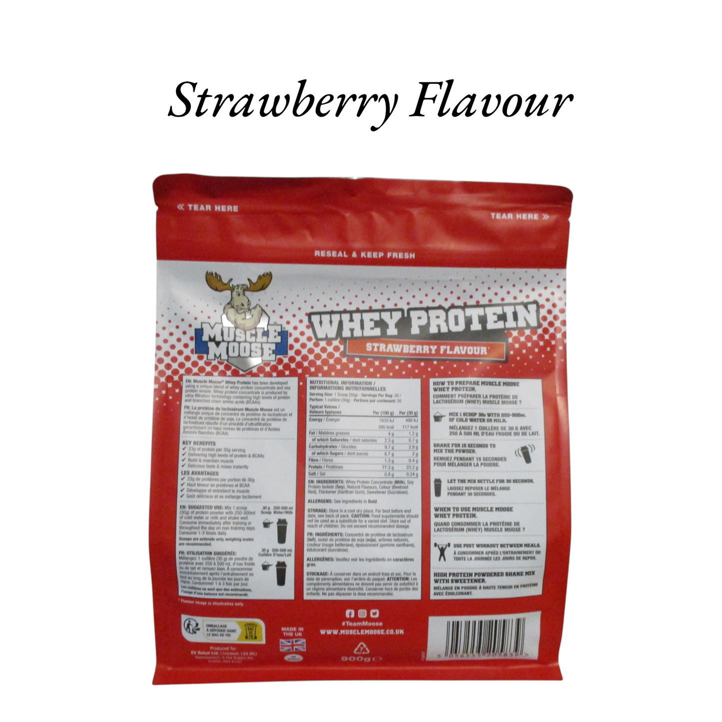 Muscle Moose Whey Protein 900g Strawberry Flavour.