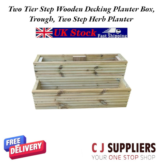 Two Tier Step Wooden Decking Planter Box, Trough, Two Step Herb Planter 60cm