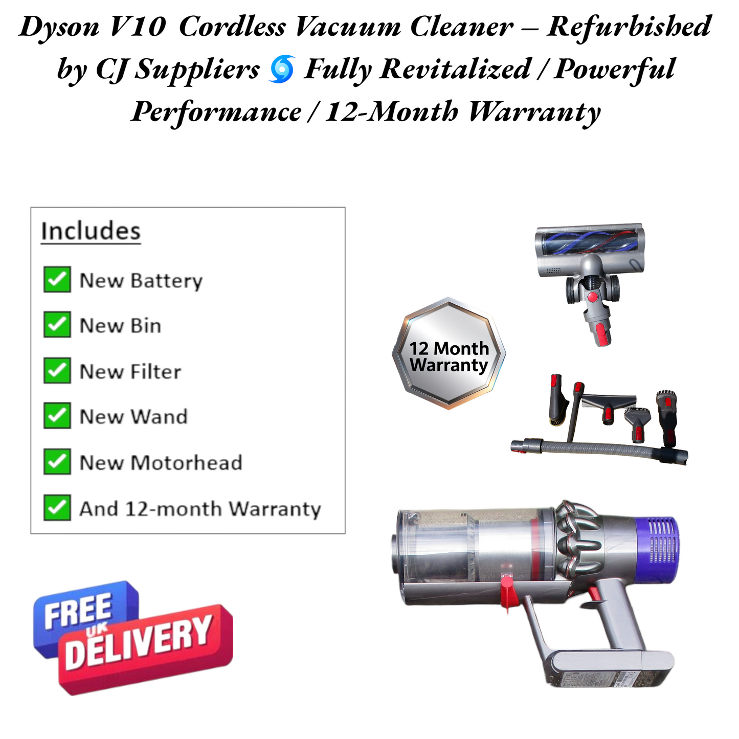 Dyson V10 Cordless Vacuum Cleaner – Refurbished with 12-Month Warranty