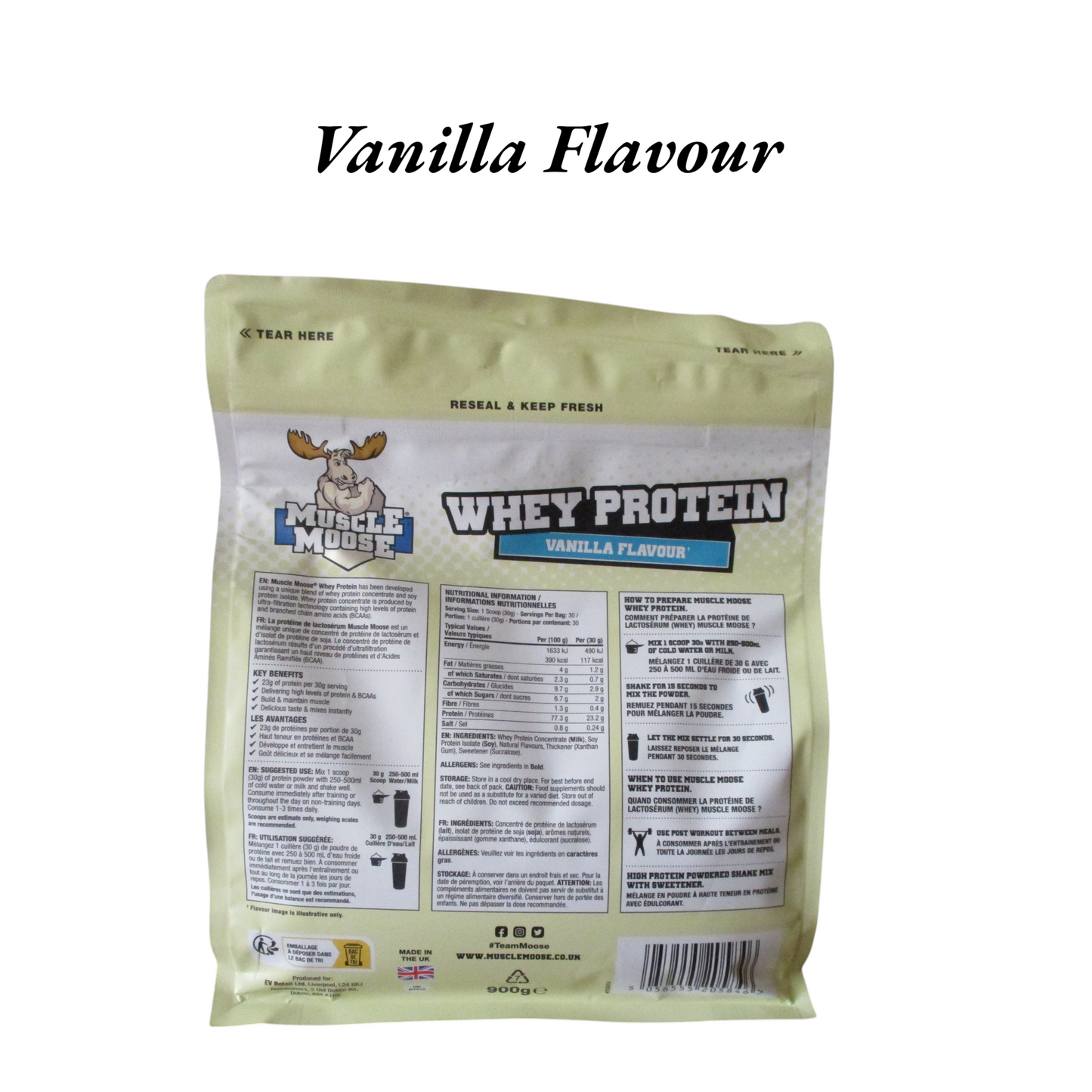 Muscle Moose Whey Protein 900g Vanilla Flavour.
